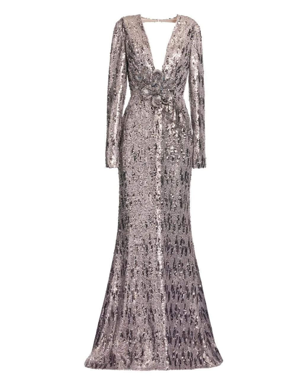 Elie Saab Gray Sequin-Embellished Open-Back Maxi Dress
