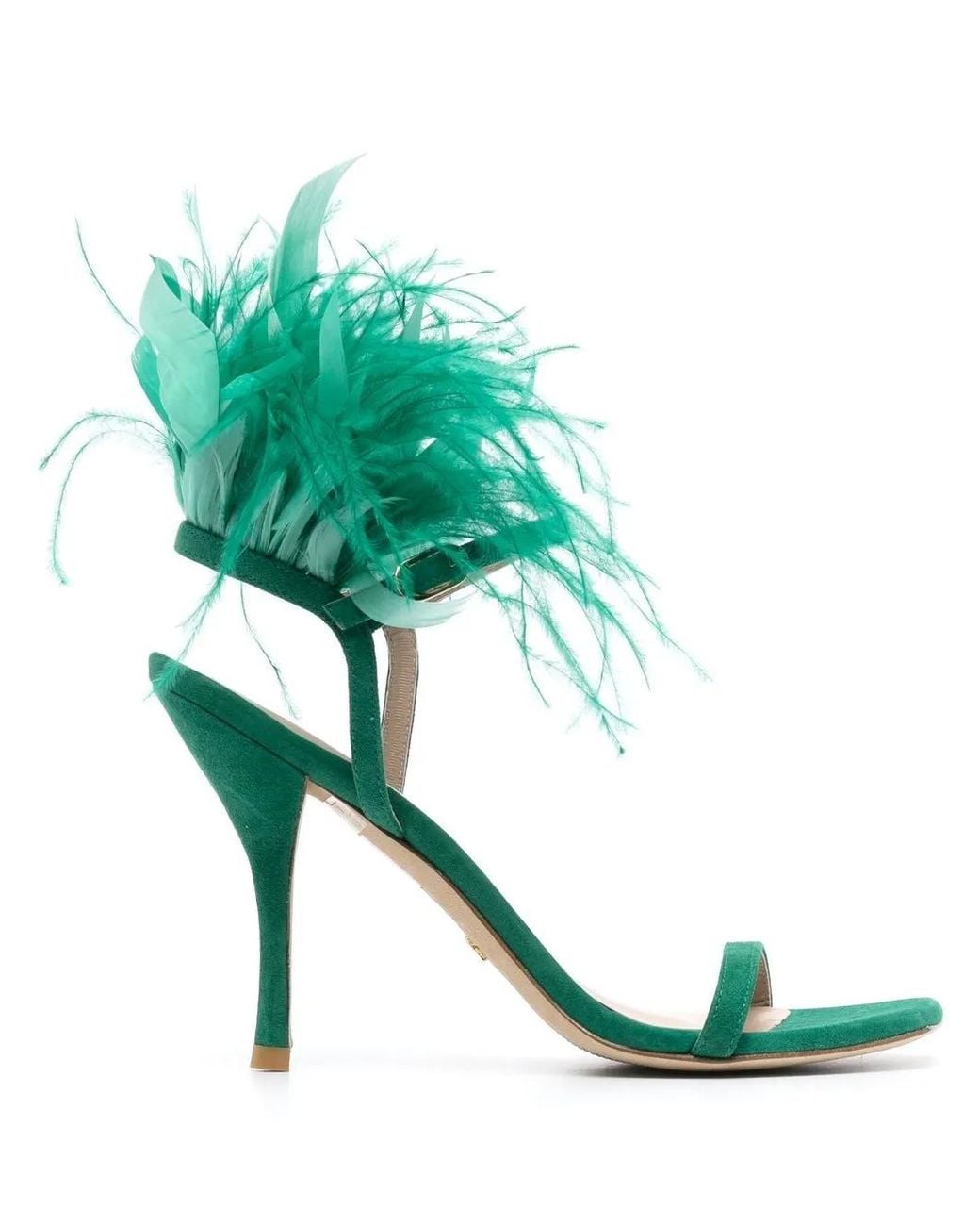 Stuart Weitzman Green Plume Suede Sandals Leather