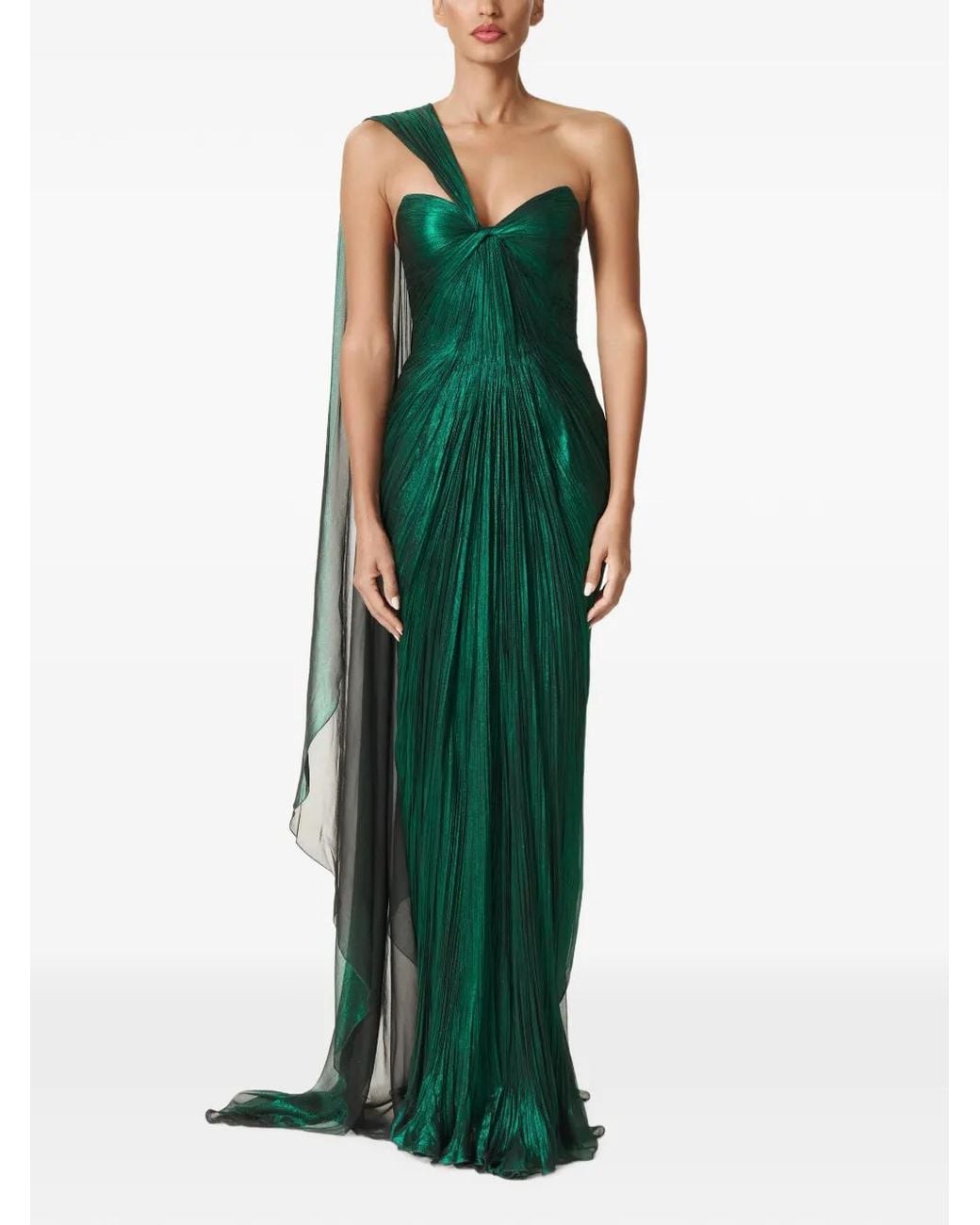 IRIS SERBAN Green Florence One-Shoulder Pleated Gown