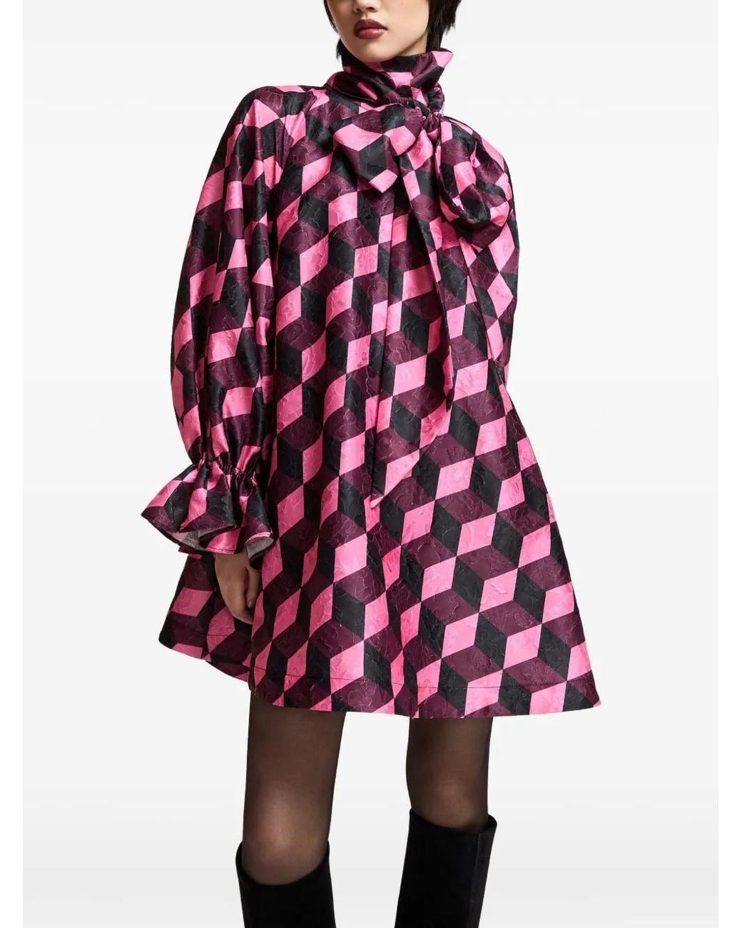 Essentiel Antwerp Purple Kioanna Geometric-Pattern Pussy-Bow Shift Mini Dress