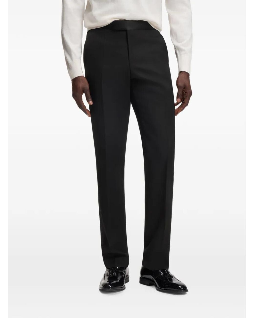 Boss Black Satin-Trim Virgin-Wool Trousers for men