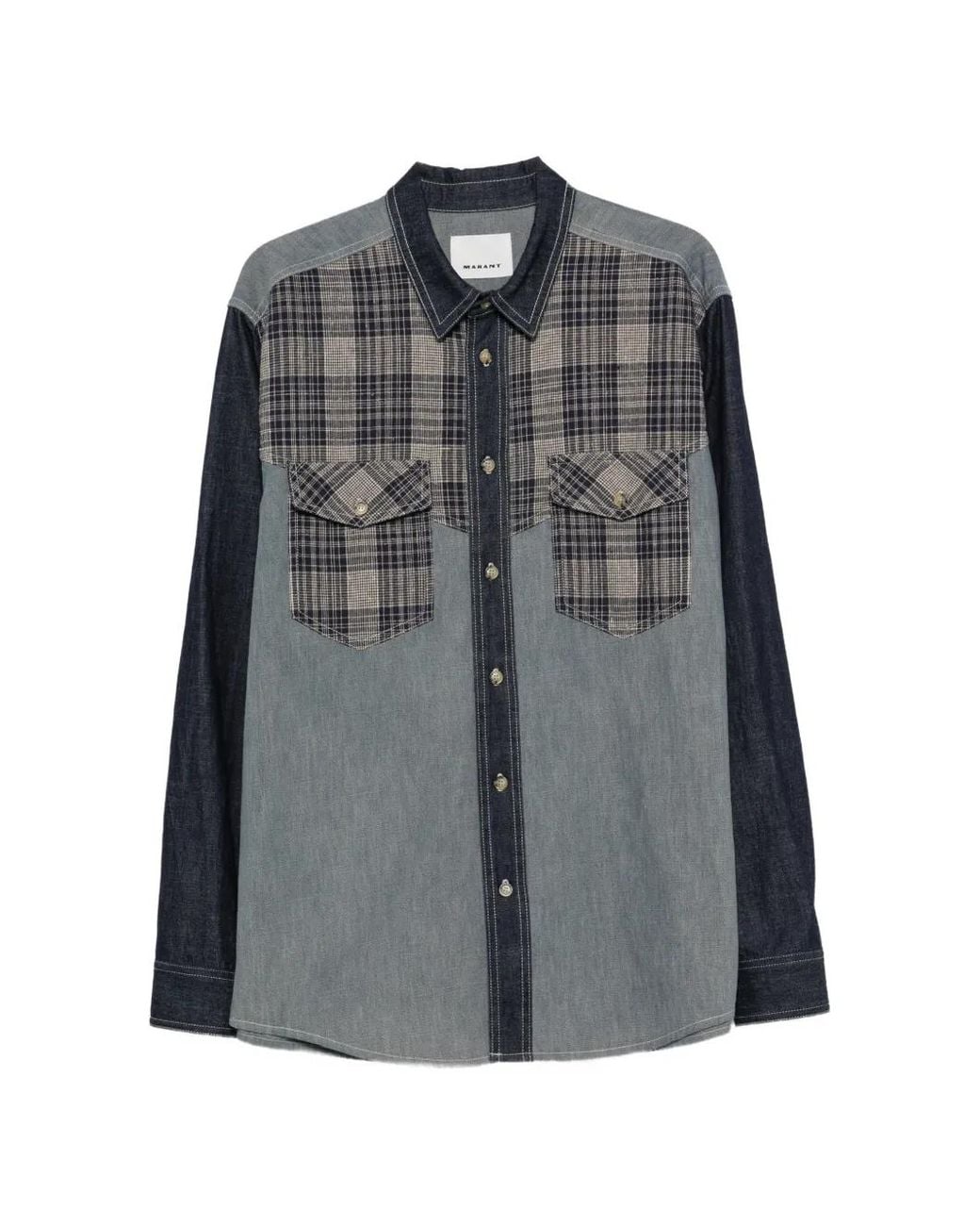 Isabel Marant Gray Check-Panelled Denim Shirt for men