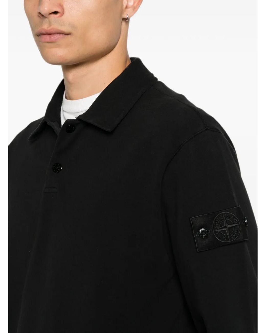 Stone Island Black Button-Up Logo-Patch Polo Shirt for men