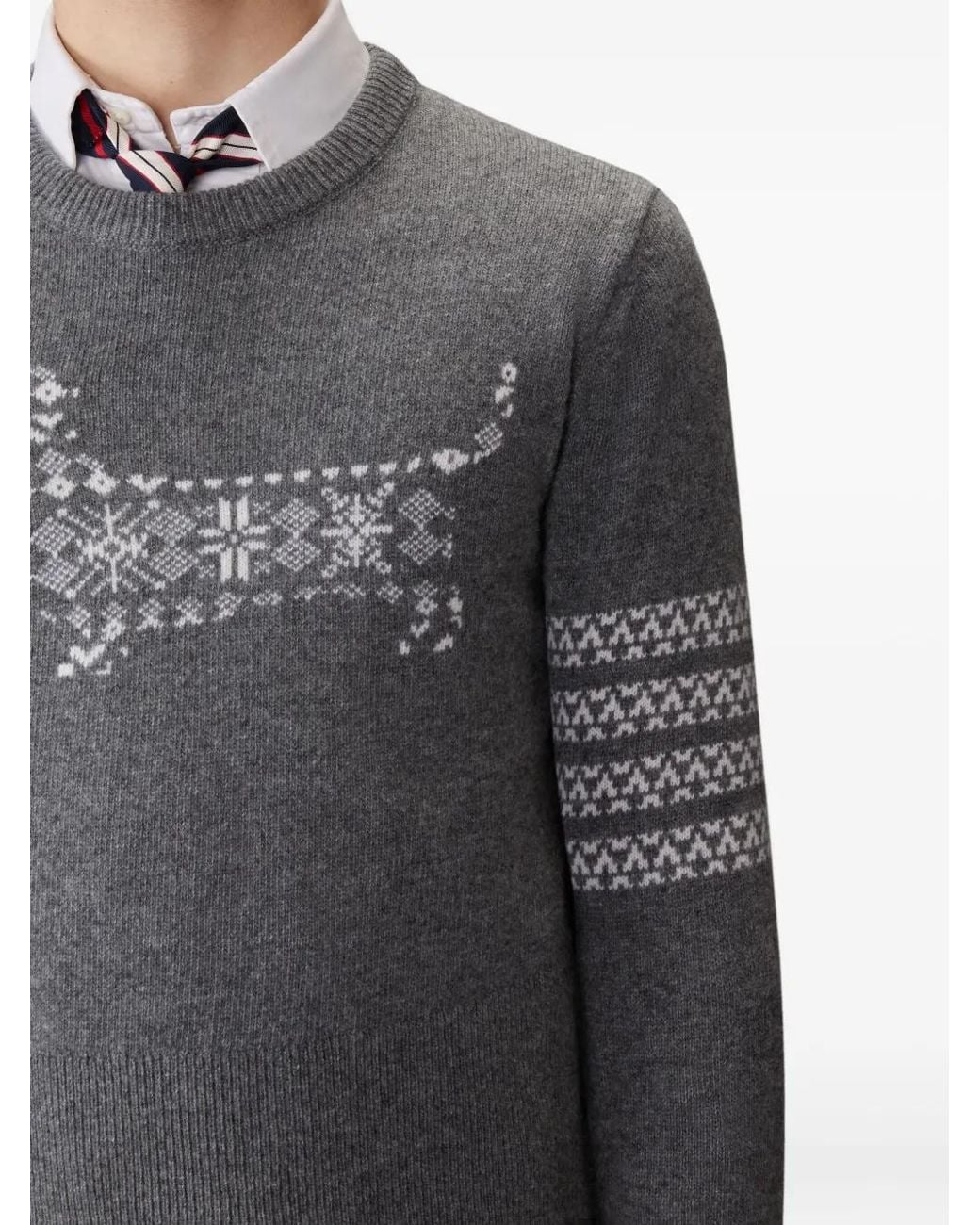 Thom Browne Gray Patterned Wool Sweater With Dog Motif And Geometric Design for men
