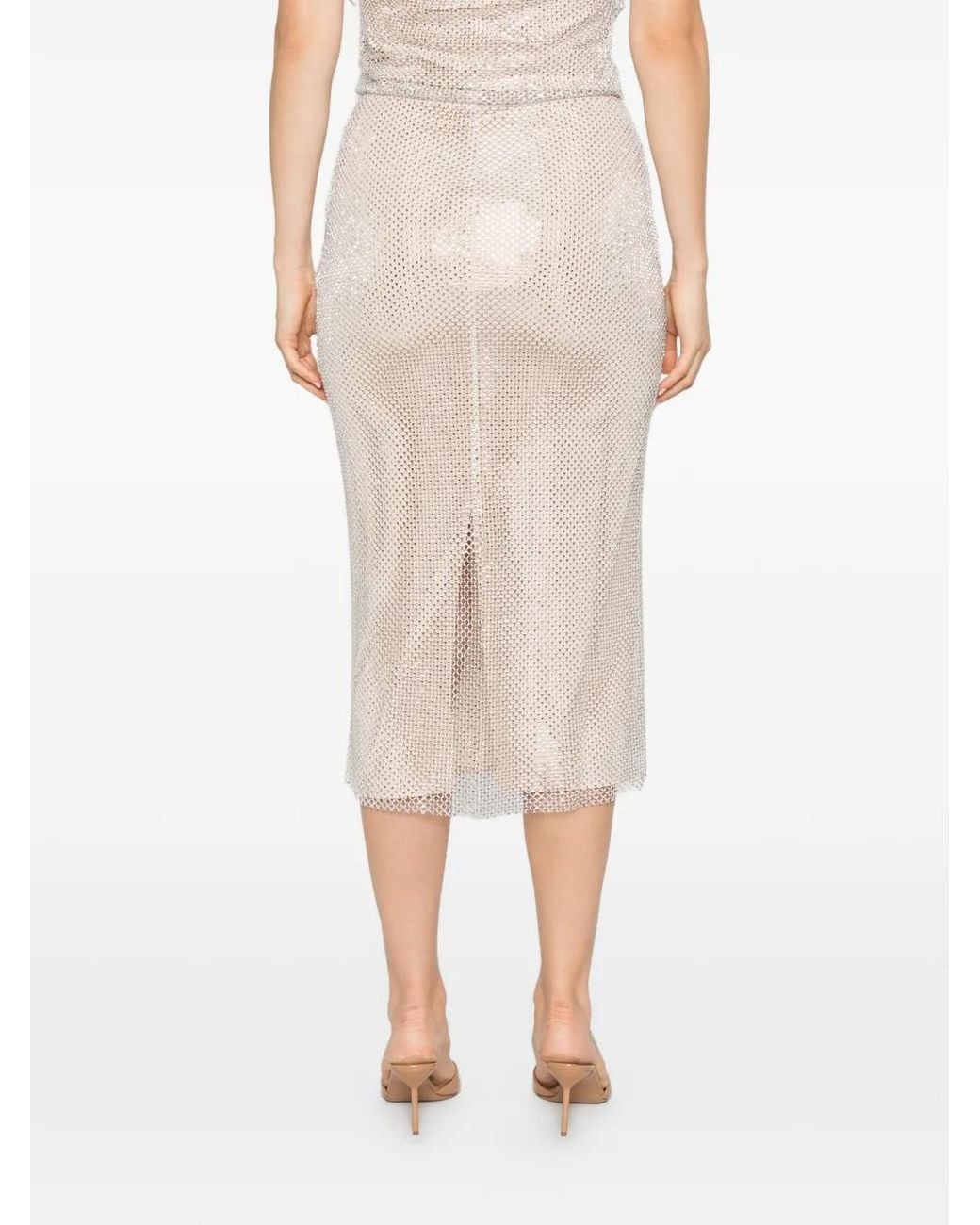 Marella White Rhinestone-Embellished Mesh-Overlay Midi Skirt
