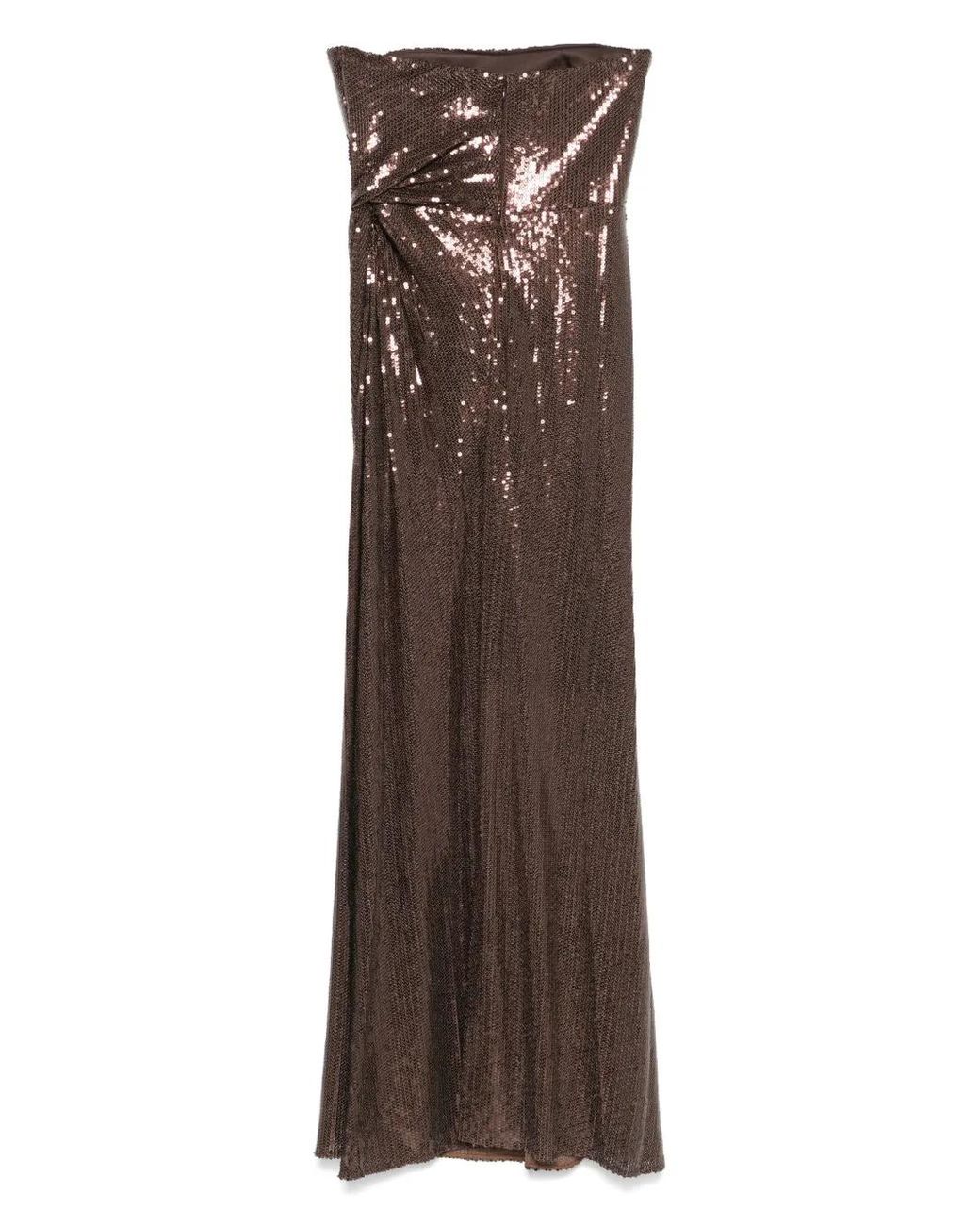 Alex Perry Brown Sequined Strapless Draped Evening Gown