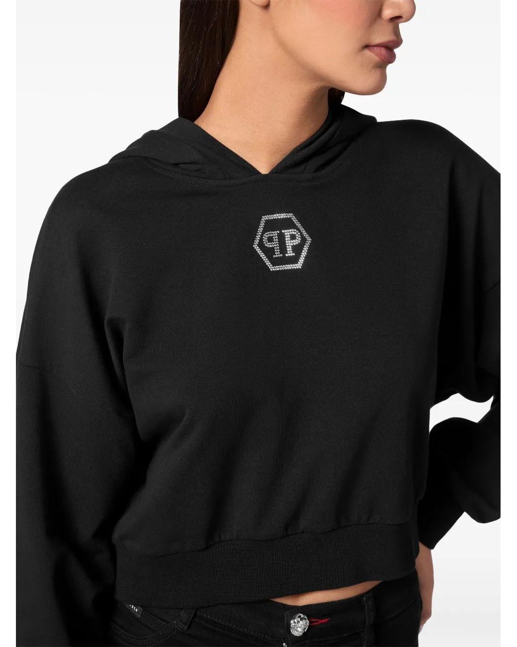 Philipp Plein Black Crystal-Logo Cropped Hoodie
