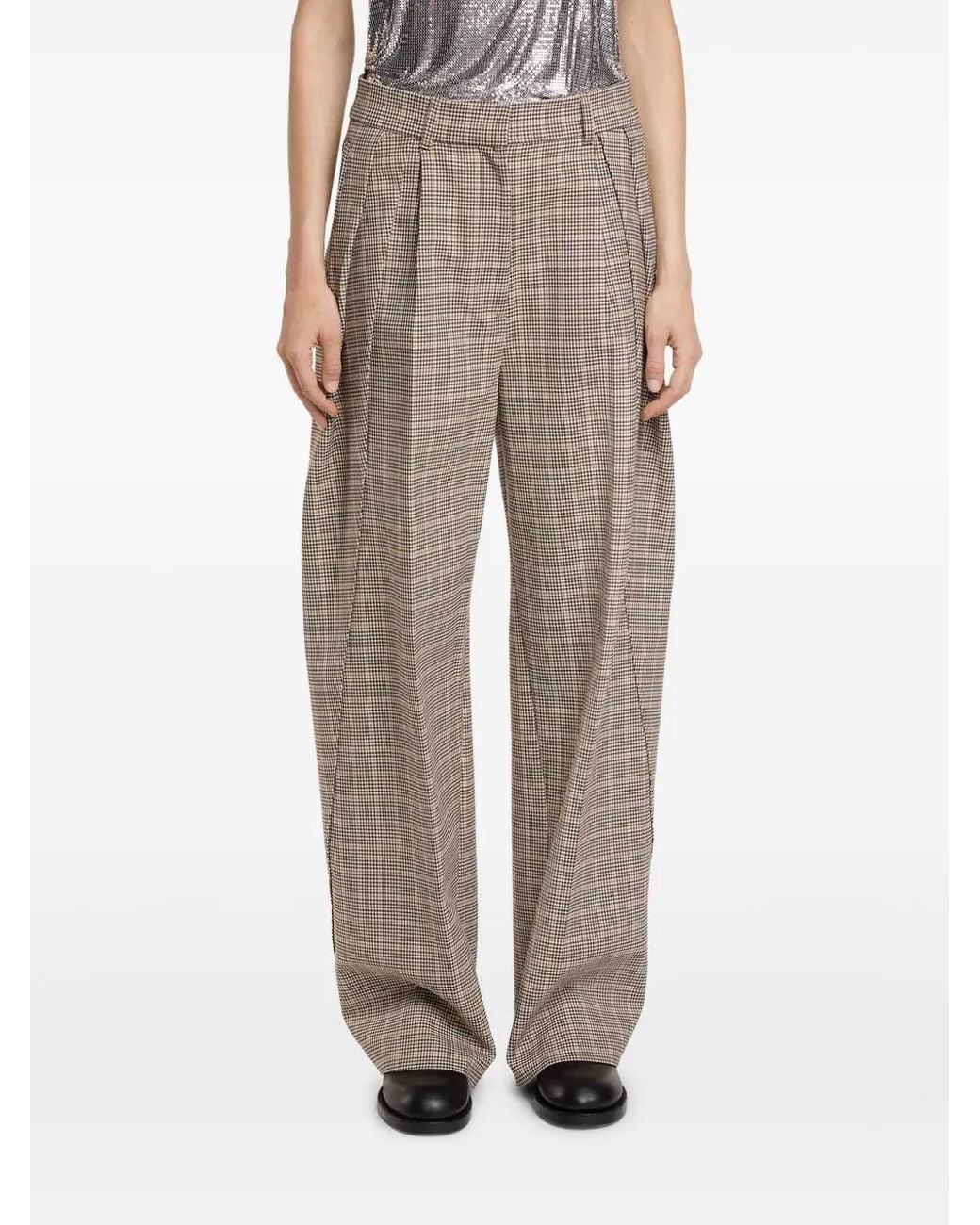 Rabanne Natural Checked Pleated Wide-Leg Trousers