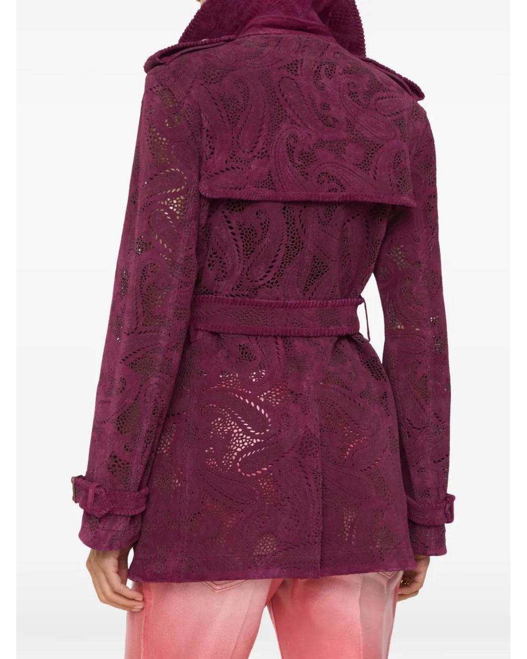 Burberry Purple Short Paisley Suede Foxfield Trench Coat