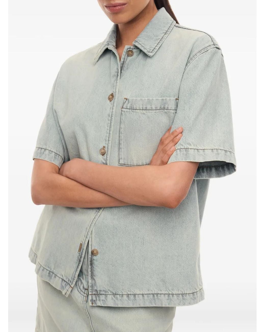 12 STOREEZ Blue Bowling Denim Shirt