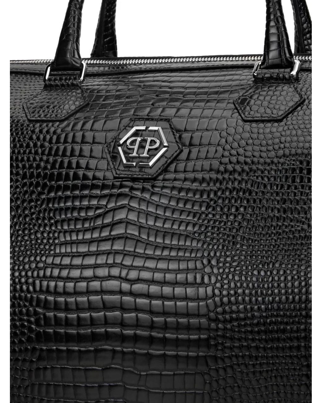 Philipp Plein Black Crocodile-Print Logo Weekend Bag for men