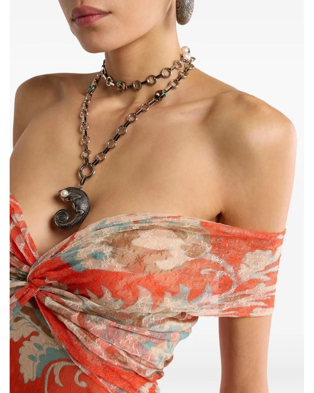 Etro White Long Tulle Dress With Open Shoulders And Floral Motif