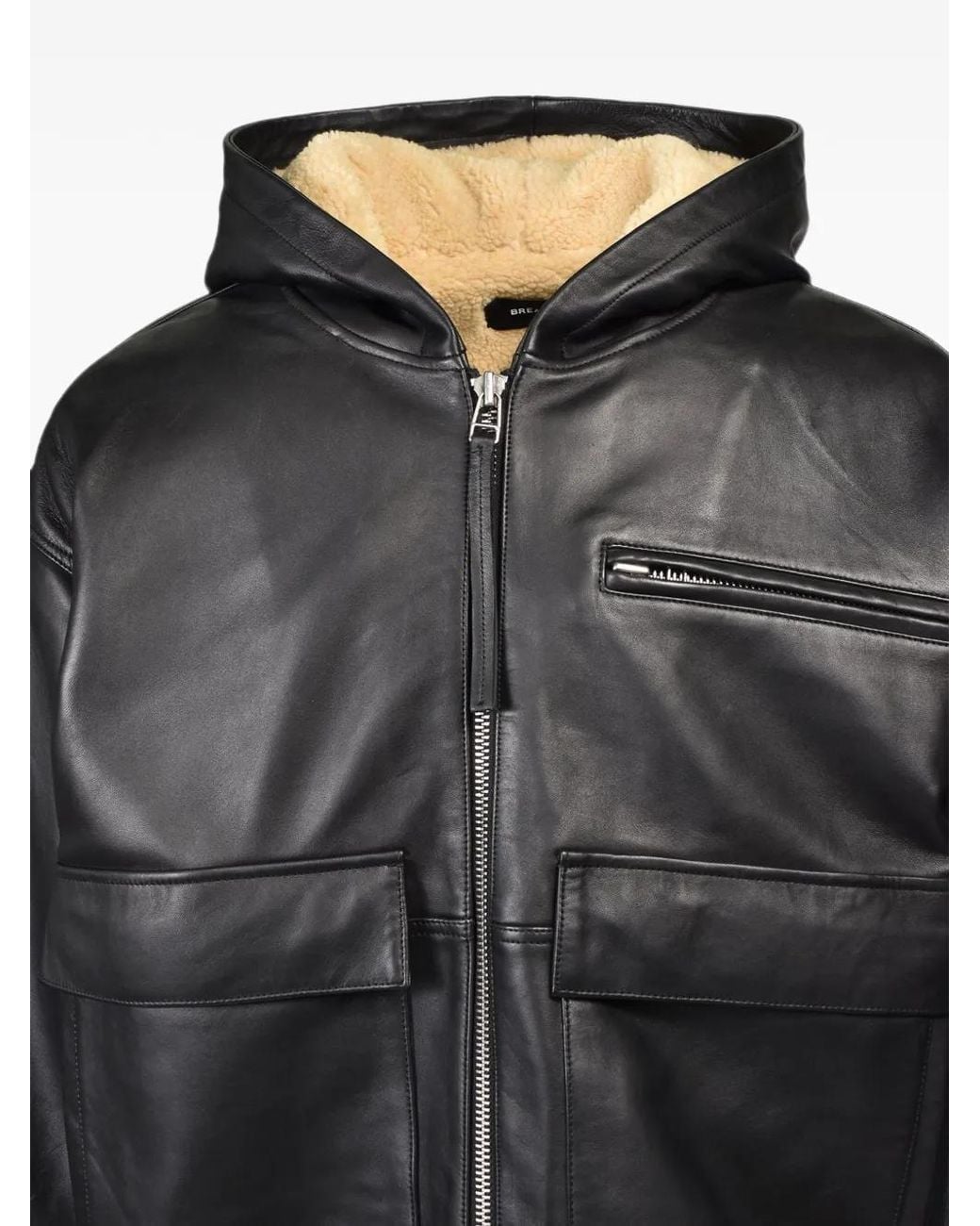 BREATH Black Zip-Up Hooded Leather Jacket for men