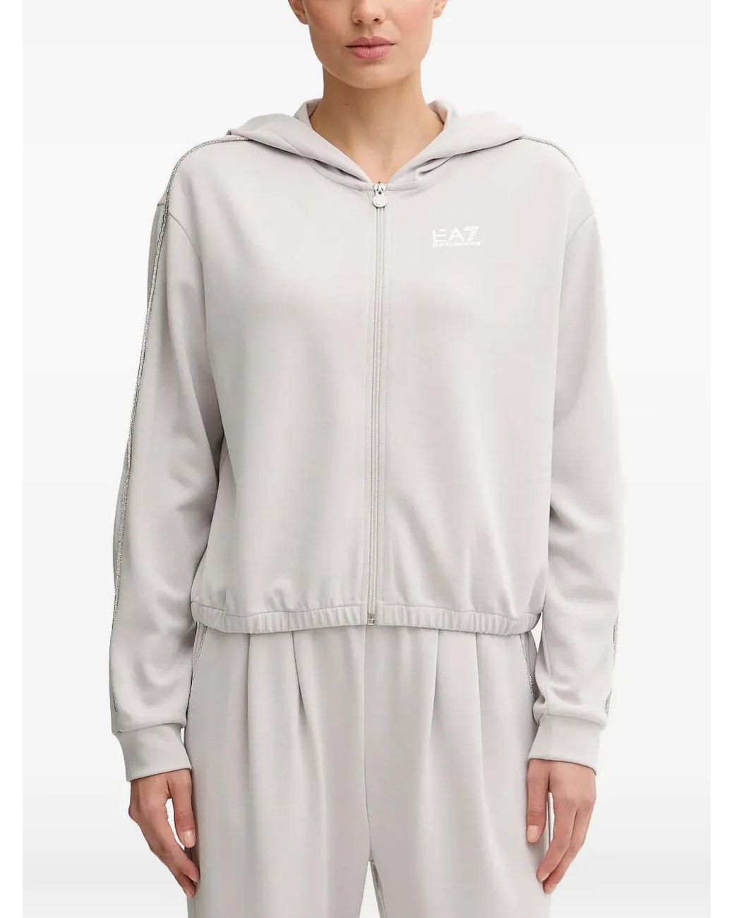EA7 White Sweat Zippé À Capuche À Ornements