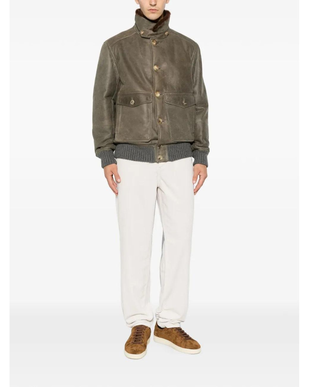 Brunello Cucinelli Brown Waxed Shearling Bomber Jacket With Shearling Collar for men