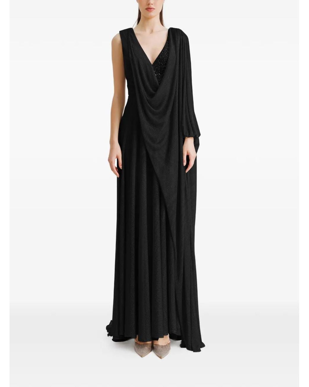 Gemy Maalouf Black Draped V-Neck Gown