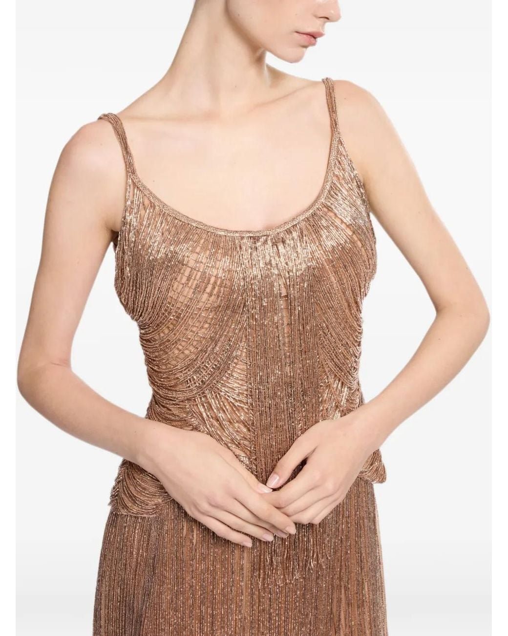 Elie Saab Brown Bead-Embroidered Fringed Top