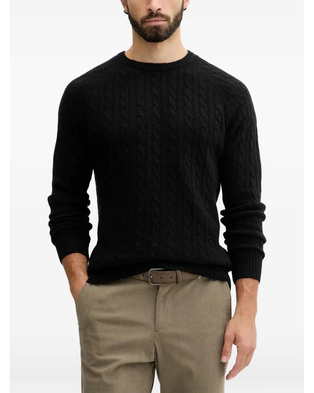 Lindbergh Black Cable-Knit Raglan-Sleeve Sweater for men