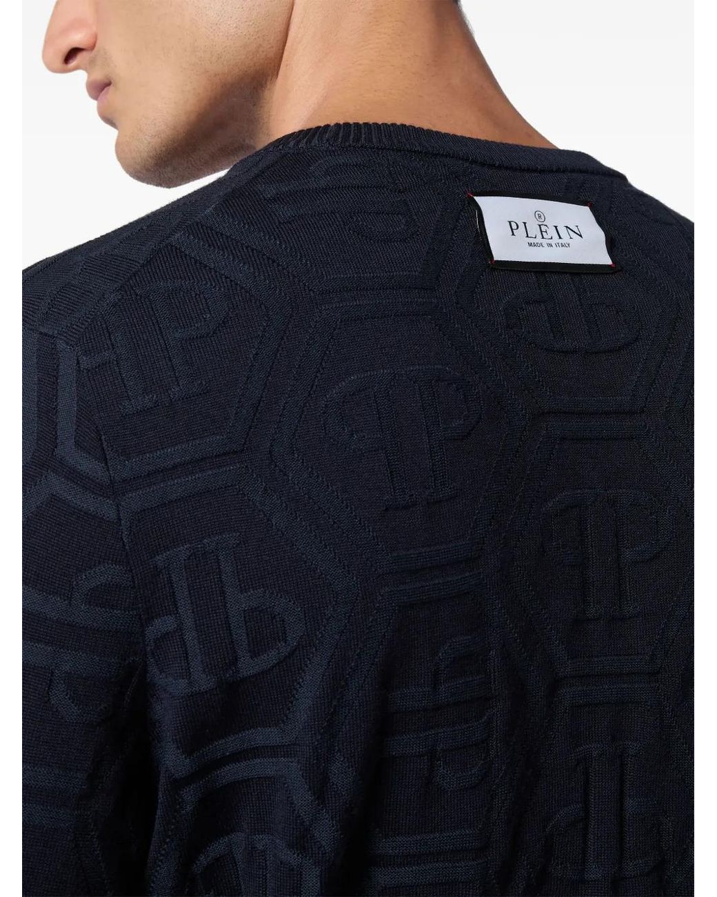 Philipp Plein Blue Jacquard Silk Wool Pullover Round Neck Ls Monogram for men