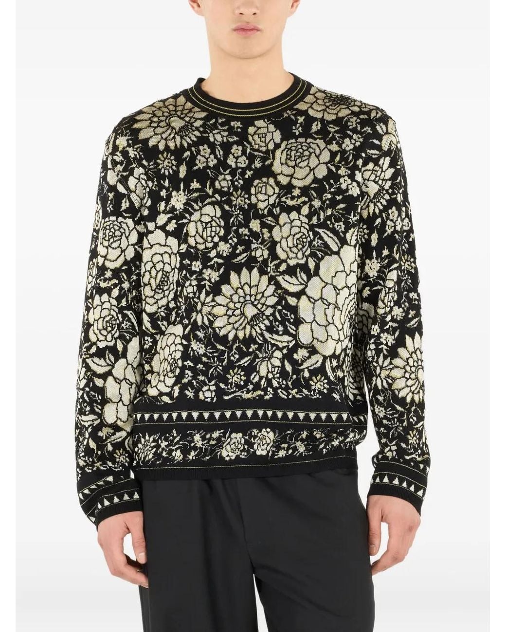 Roberto Cavalli Black Floral-Pattern Wool Sweater for men