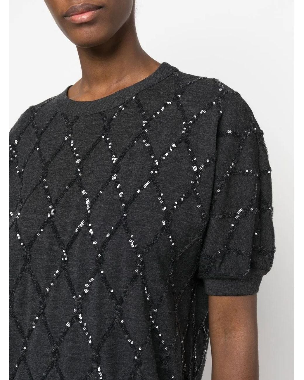 Brunello Cucinelli Black Sequin-Embellished Diamond-Pattern Mini Dress