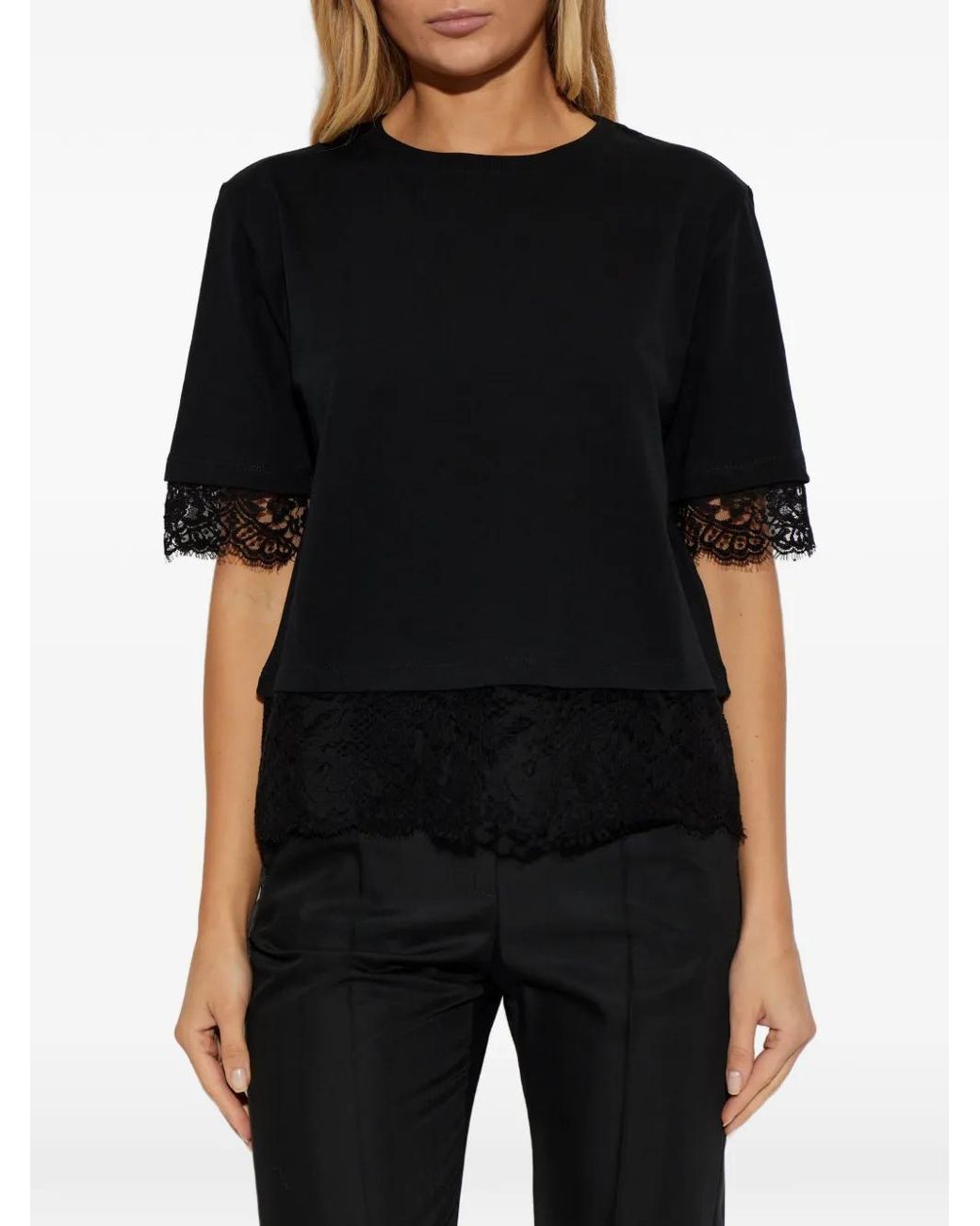 McQueen Black Lace Detail Cotton Jersey T-Shirt