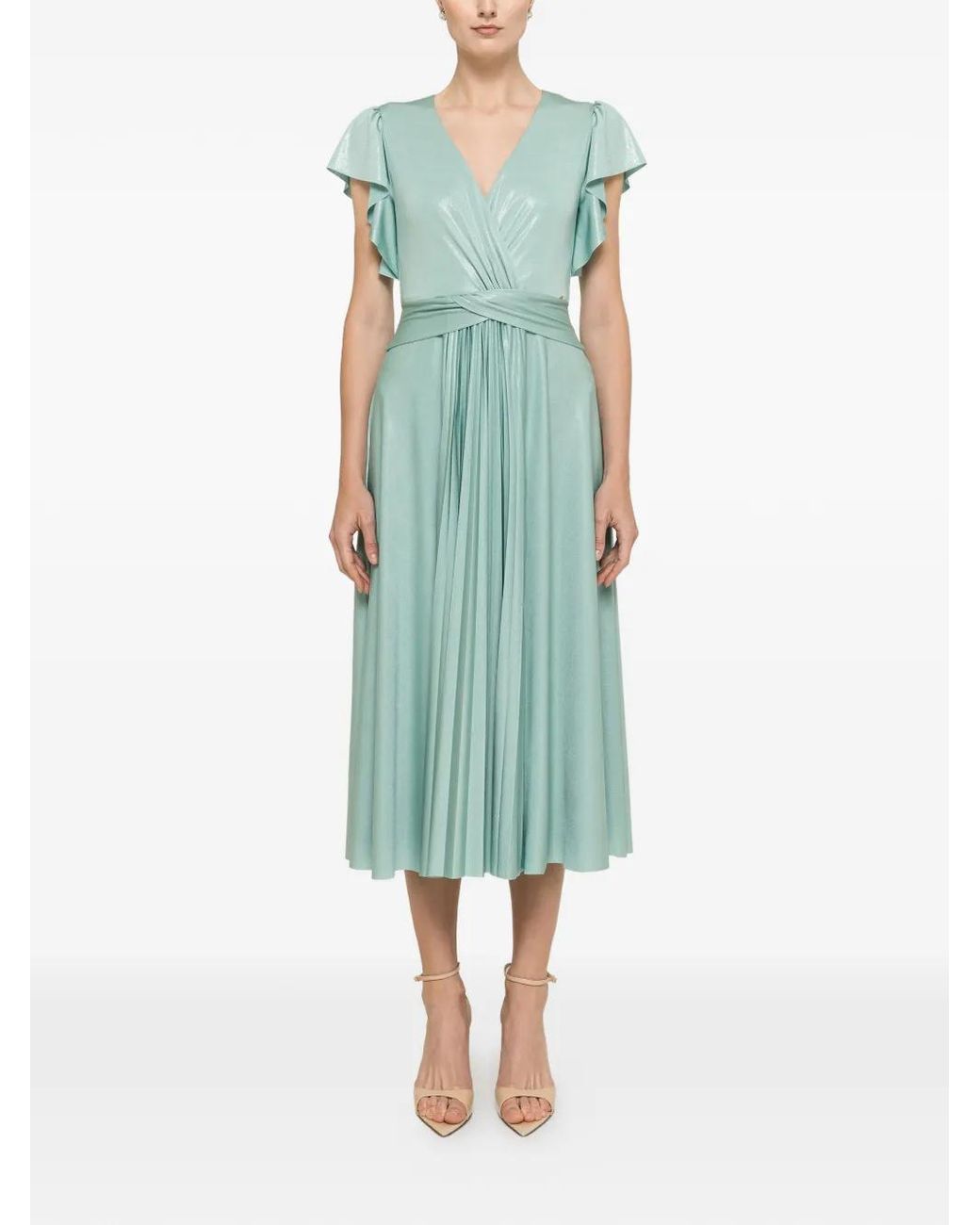 Nissa Green Glossy-Effect Ruffled Midi Dress