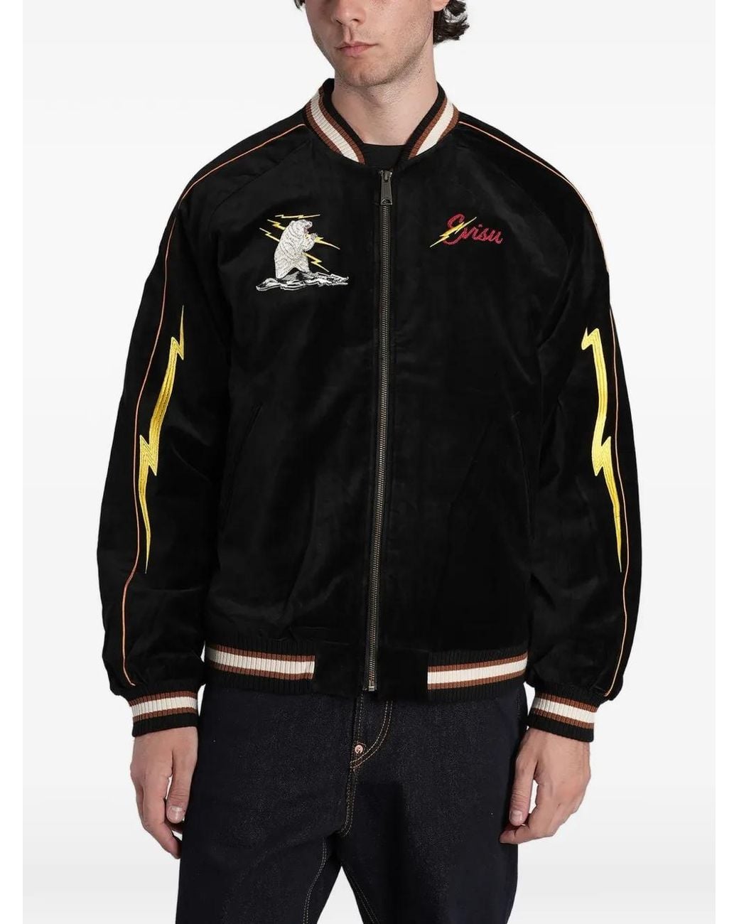 Evisu Black Embroidered Bomber Jacket for men