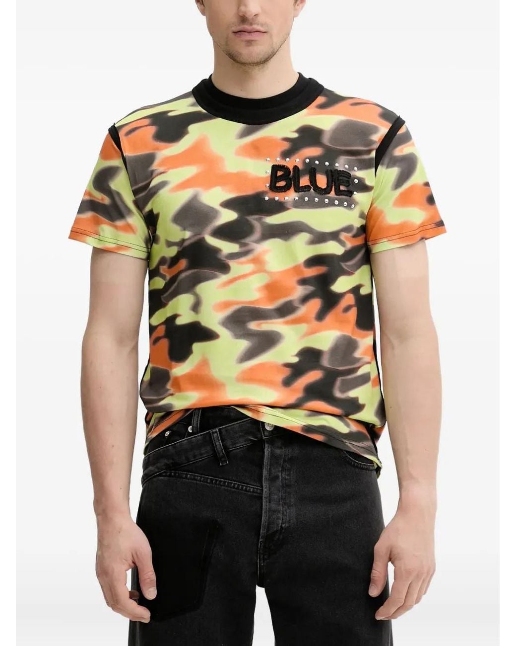 Bluemarble Black Camouflage-Print Embellished T-Shirt for men