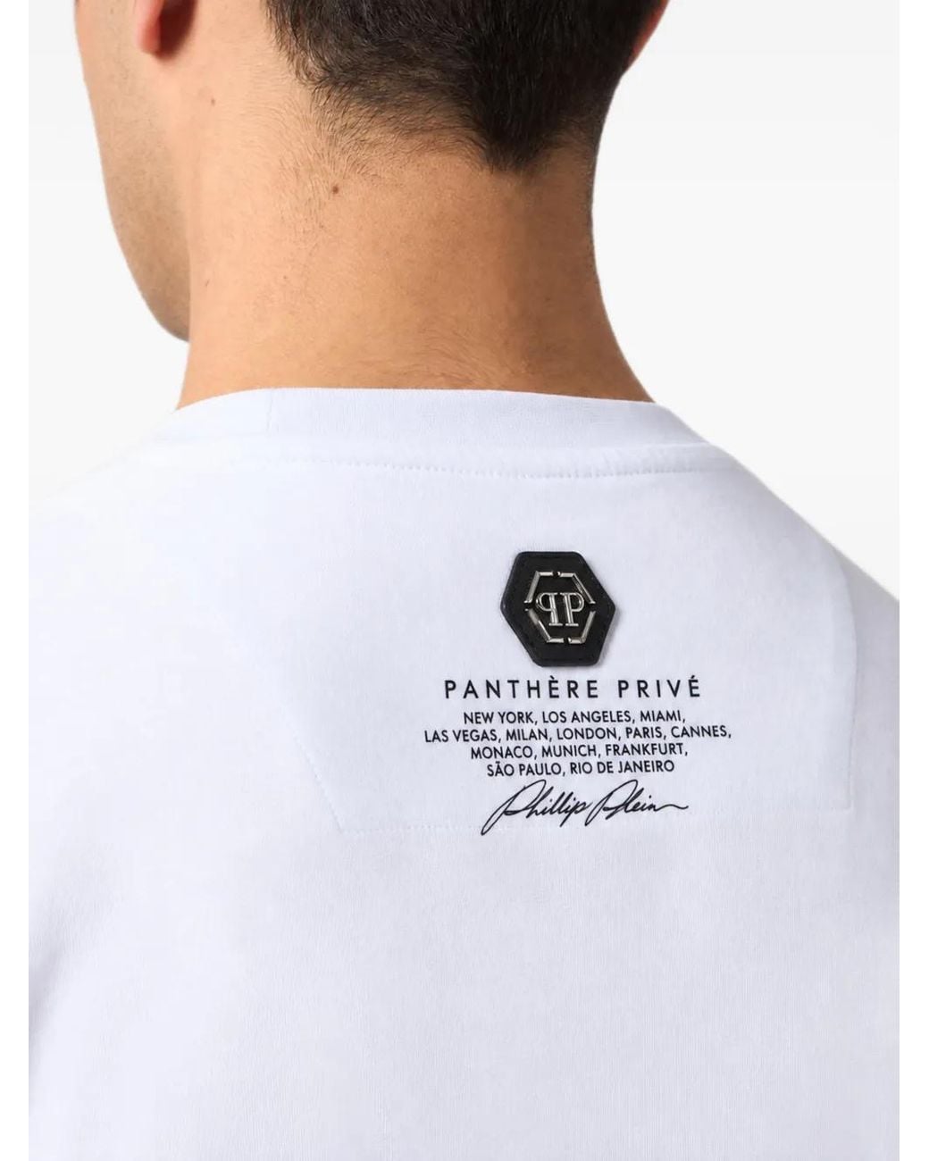 Philipp Plein White Round-Neck T-Shirt Big-Panther Flames Stones for men