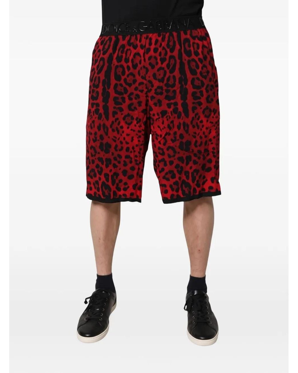 Dolce & Gabbana Red Leopard-Print Logo-Waistband Track Shorts for men