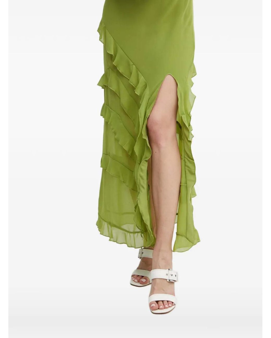 Bardot Green Ruffled V-Neck Midi Dress