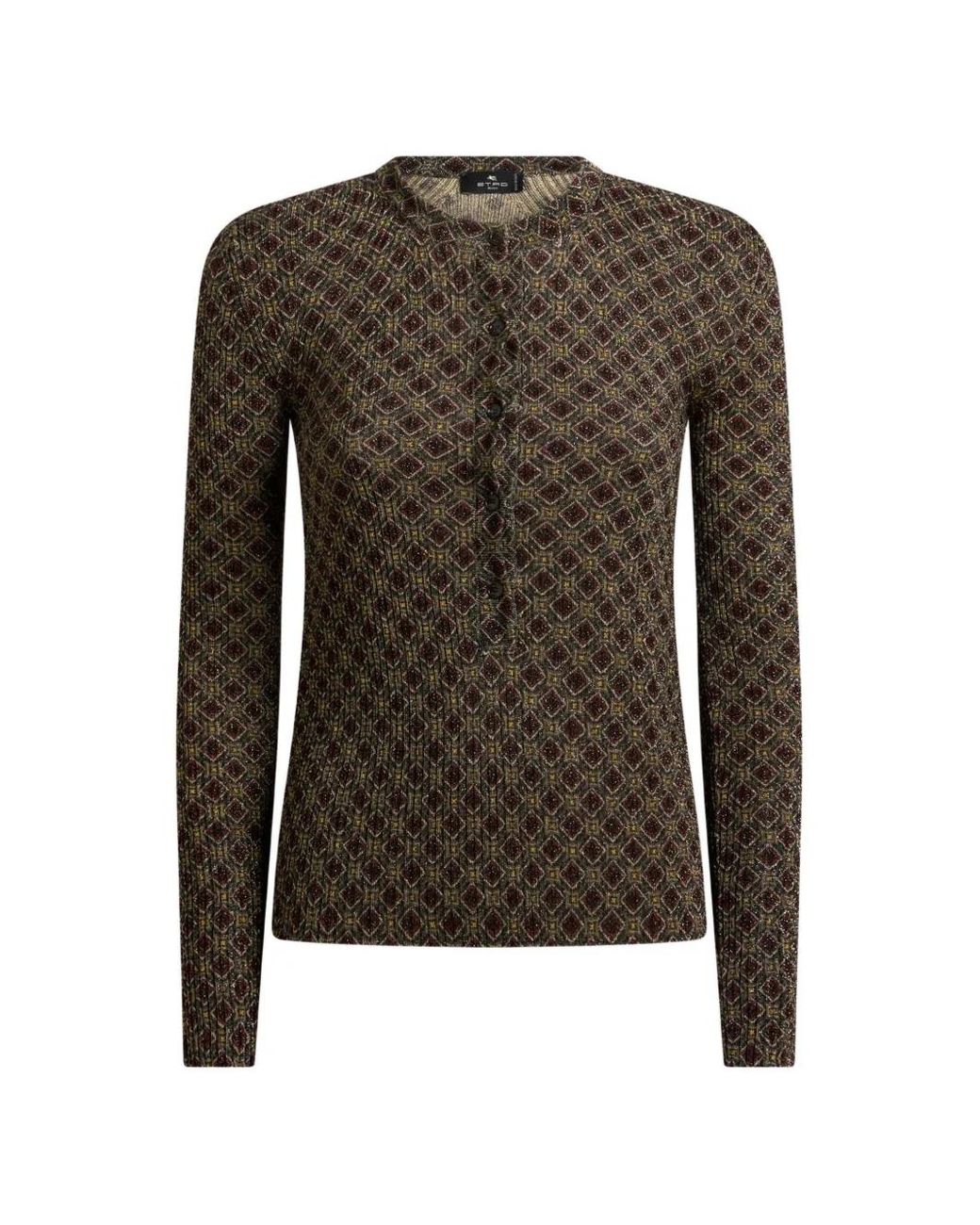 Etro Black Pull Côtelé À Col Tunisien Et Motif Micro Losanges