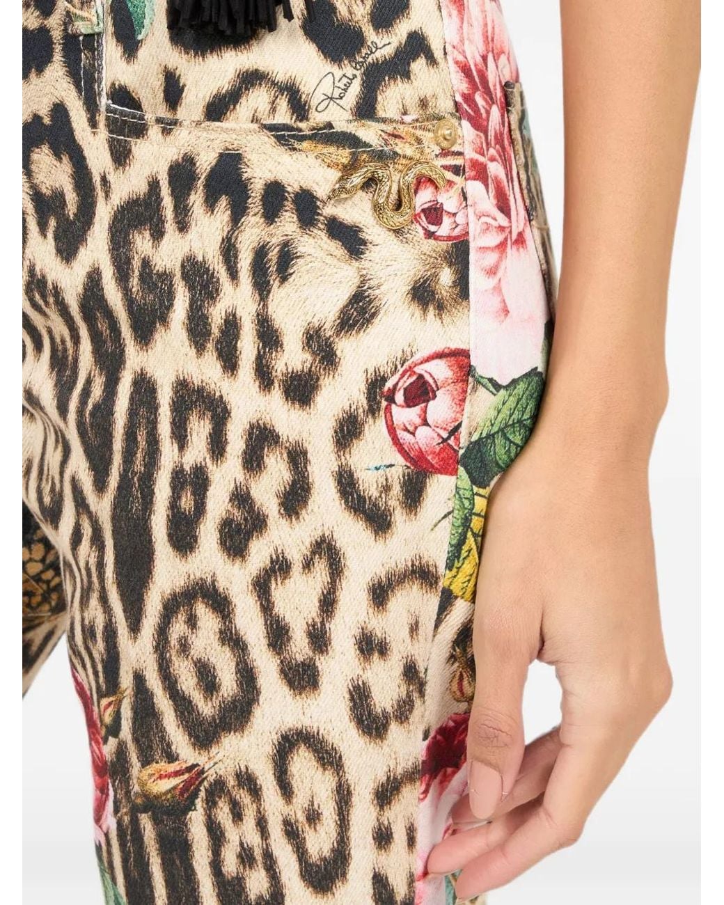 Roberto Cavalli Natural Jaguar-Print Floral-Print Trousers