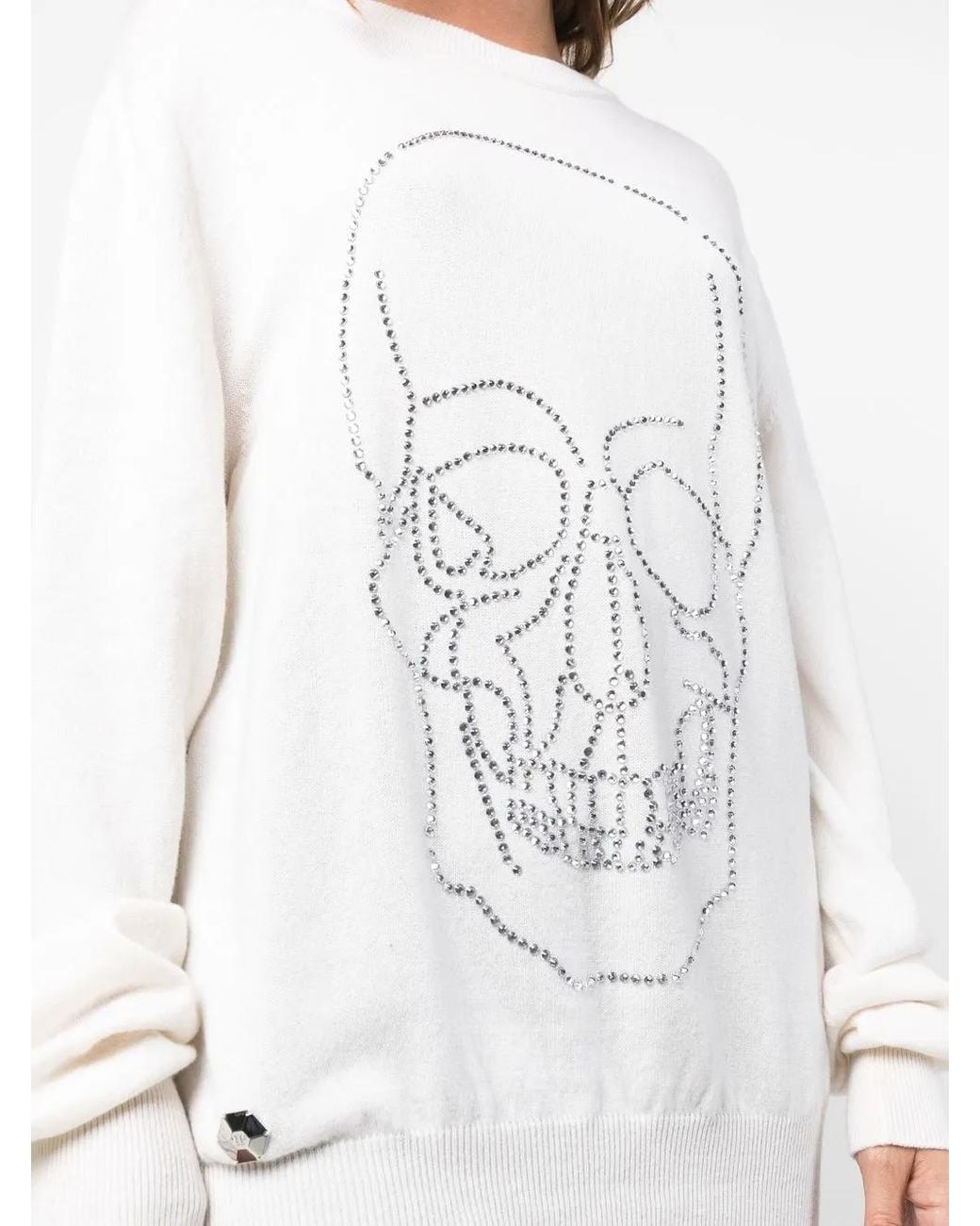 Philipp Plein White Studded-Skull Cashmere Pullover