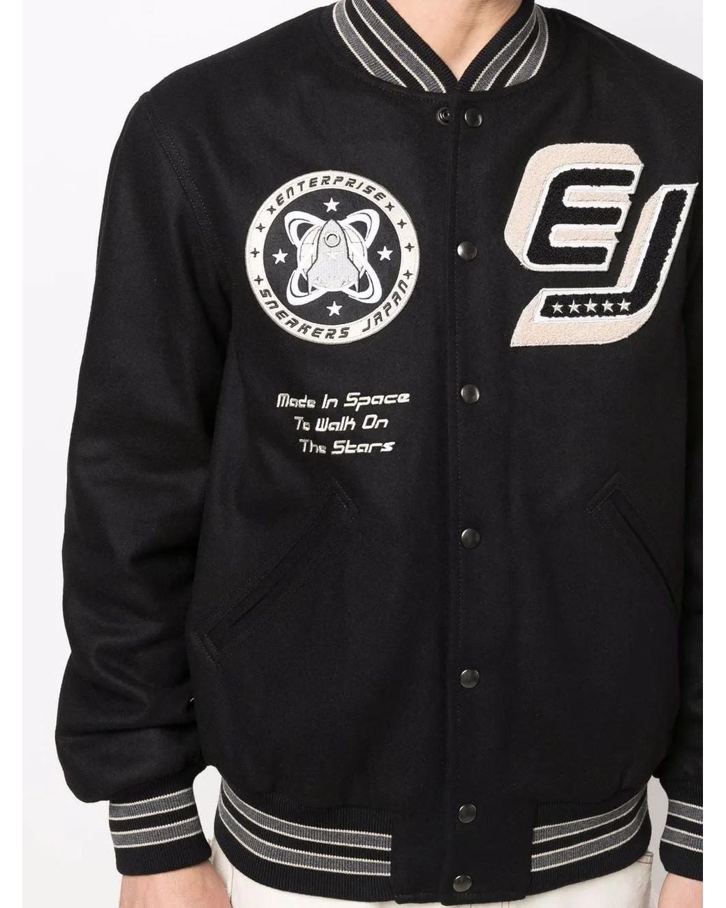 ENTERPRISE JAPAN Black Varsity Patch-Detail Bomber Jacket for men