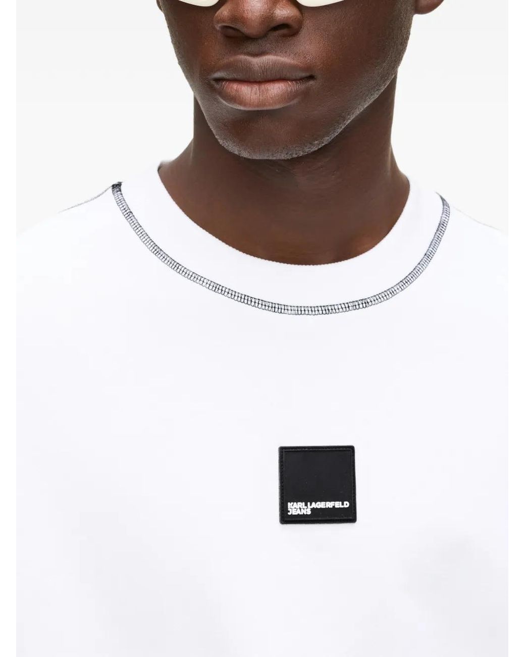 Karl Lagerfeld White Short-Sleeved Contrast Stitch Sweatshirt for men