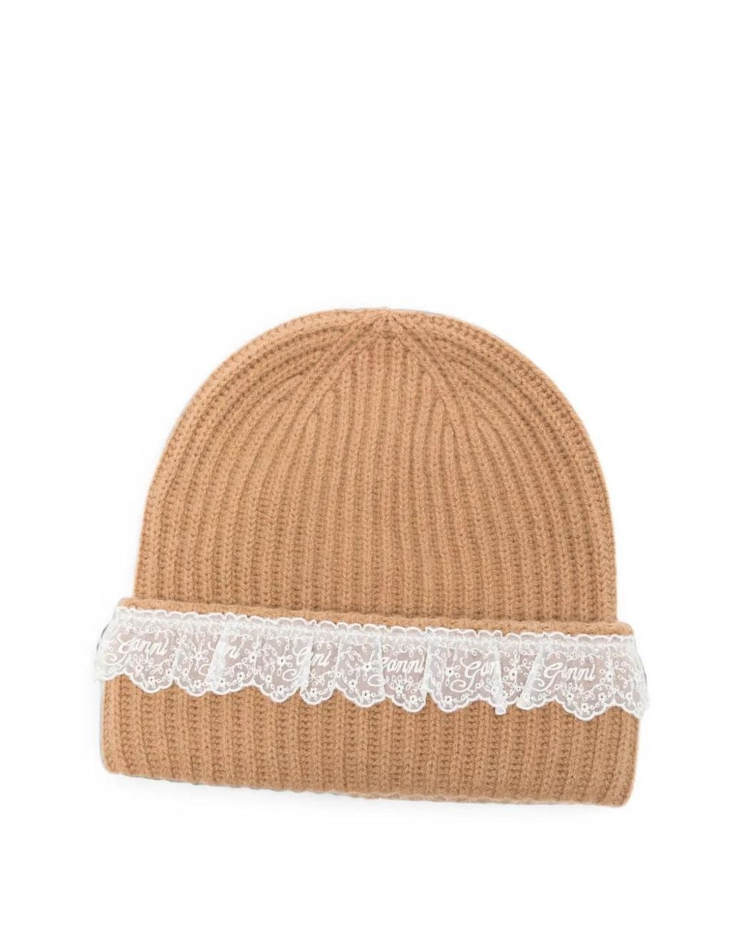Ganni Natural Lace-Trim Ribbed-Knit Beanie Hat
