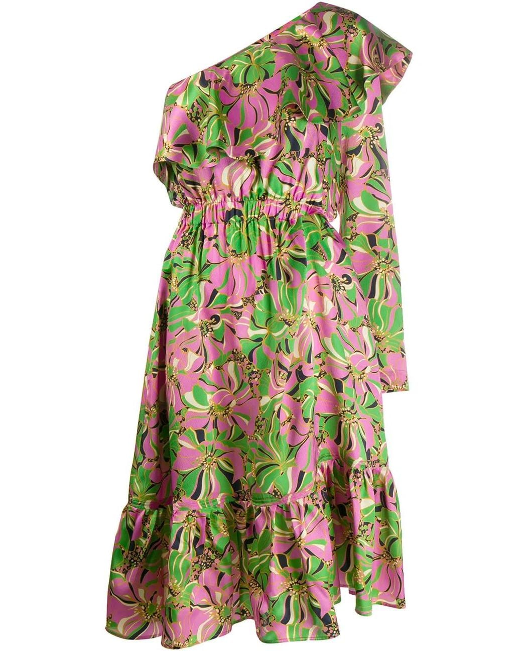 LaDoubleJ Green Boogie Floral-print Ruffle One-shoulder Silk Dress