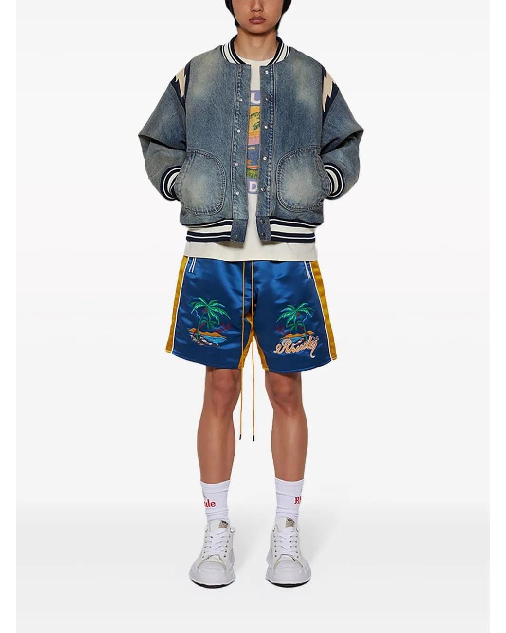 Rhude Gray Lightening Denim Bomber Jacket for men