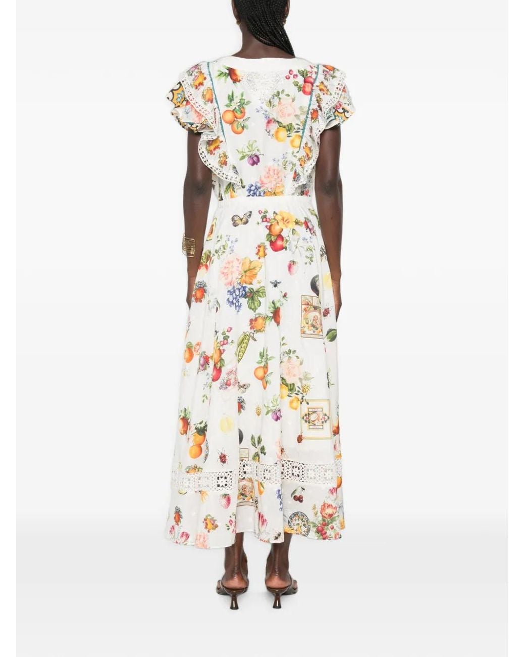 Camilla White Fruit-Print Ruffled Midi Dress