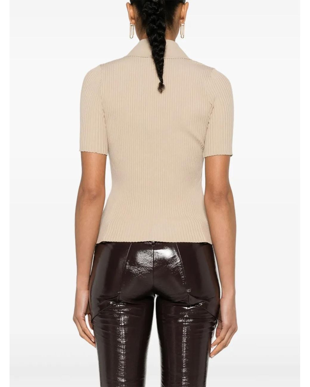 Courreges Natural Logo-Patch Ribbed Polo Top