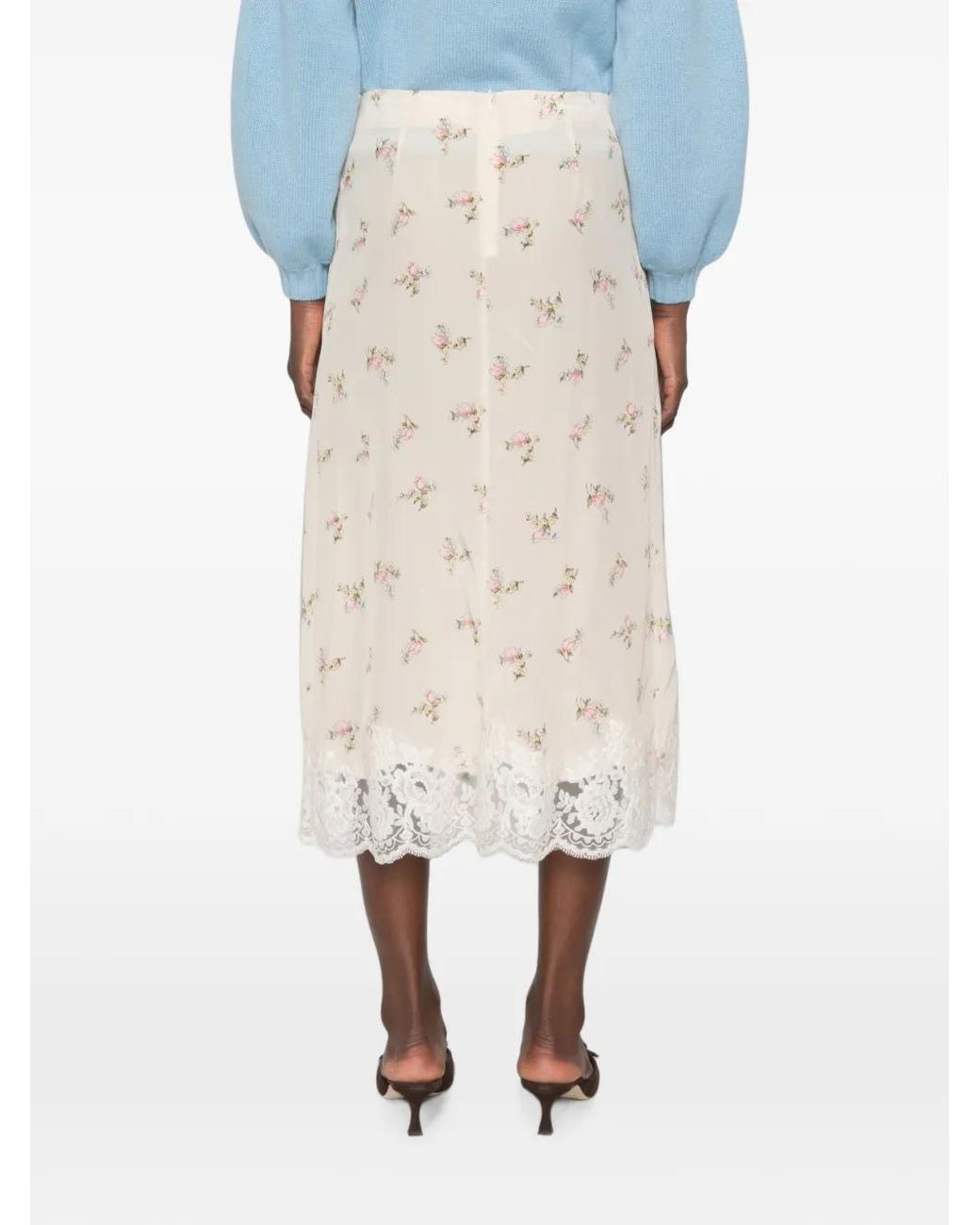 P.A.R.O.S.H. Natural Spano Floral-Print Lace-Trim Midi Skirt