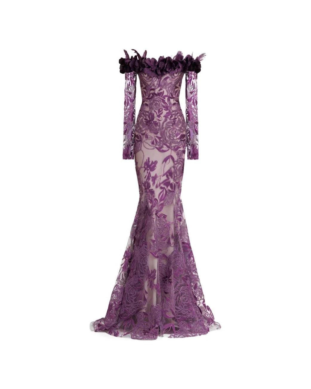 Gemy Maalouf Purple Floral-Pattern Off-The-Shoulder Maxi Dress