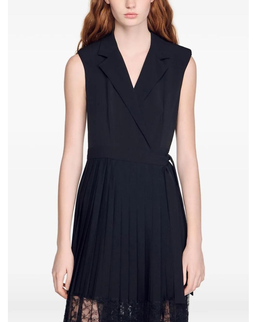 Sandro Black Pleated Lace Midi Dress