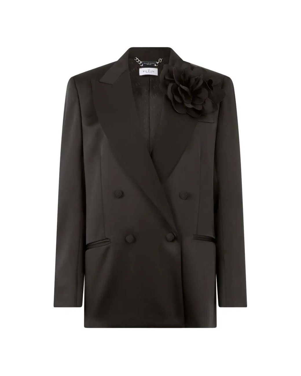 Philipp Plein Black Double-Breasted Satin Blazer Roses