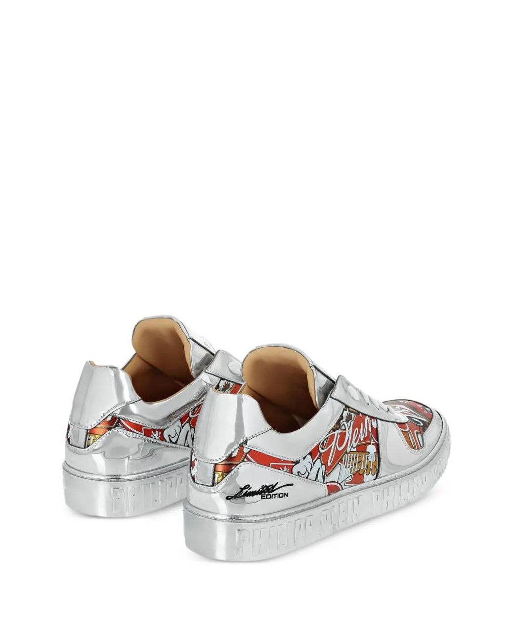 Philipp Plein White Metallic Leather Eagle-Print Sneakers