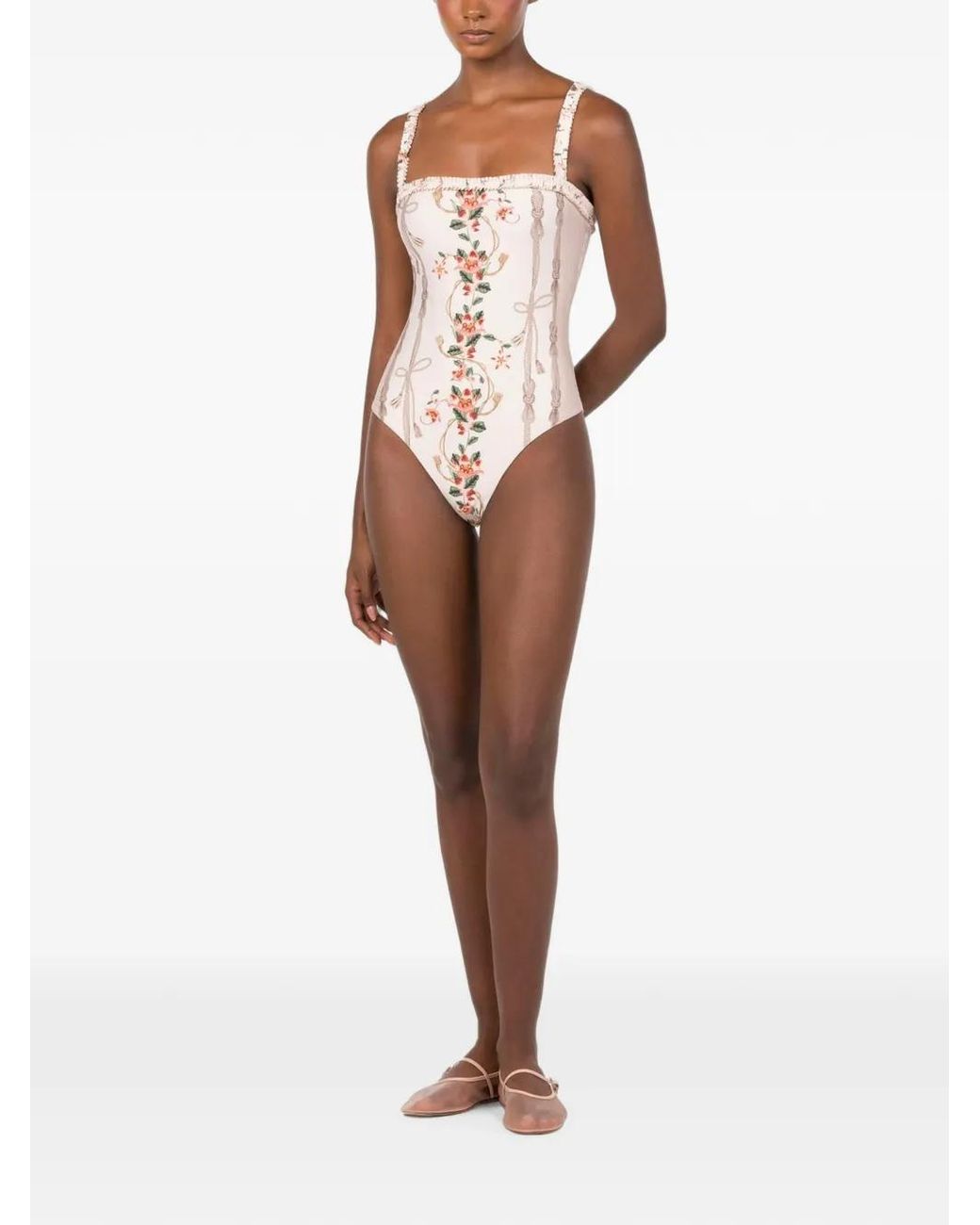 Agua Bendita White Limon Navegante Floral-Print Ruffled Swimsuit