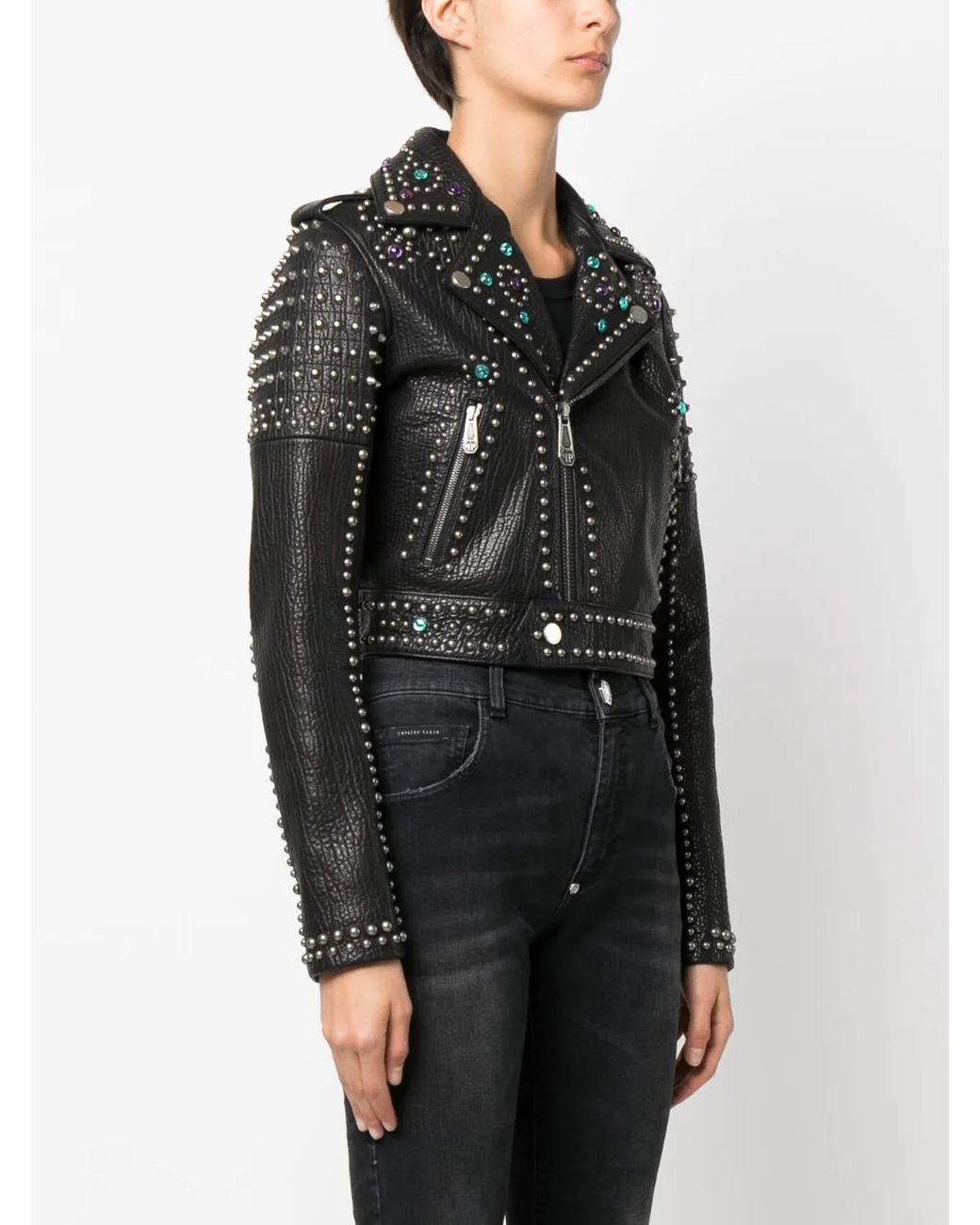 Philipp Plein Black Studded Leather Biker Jacket