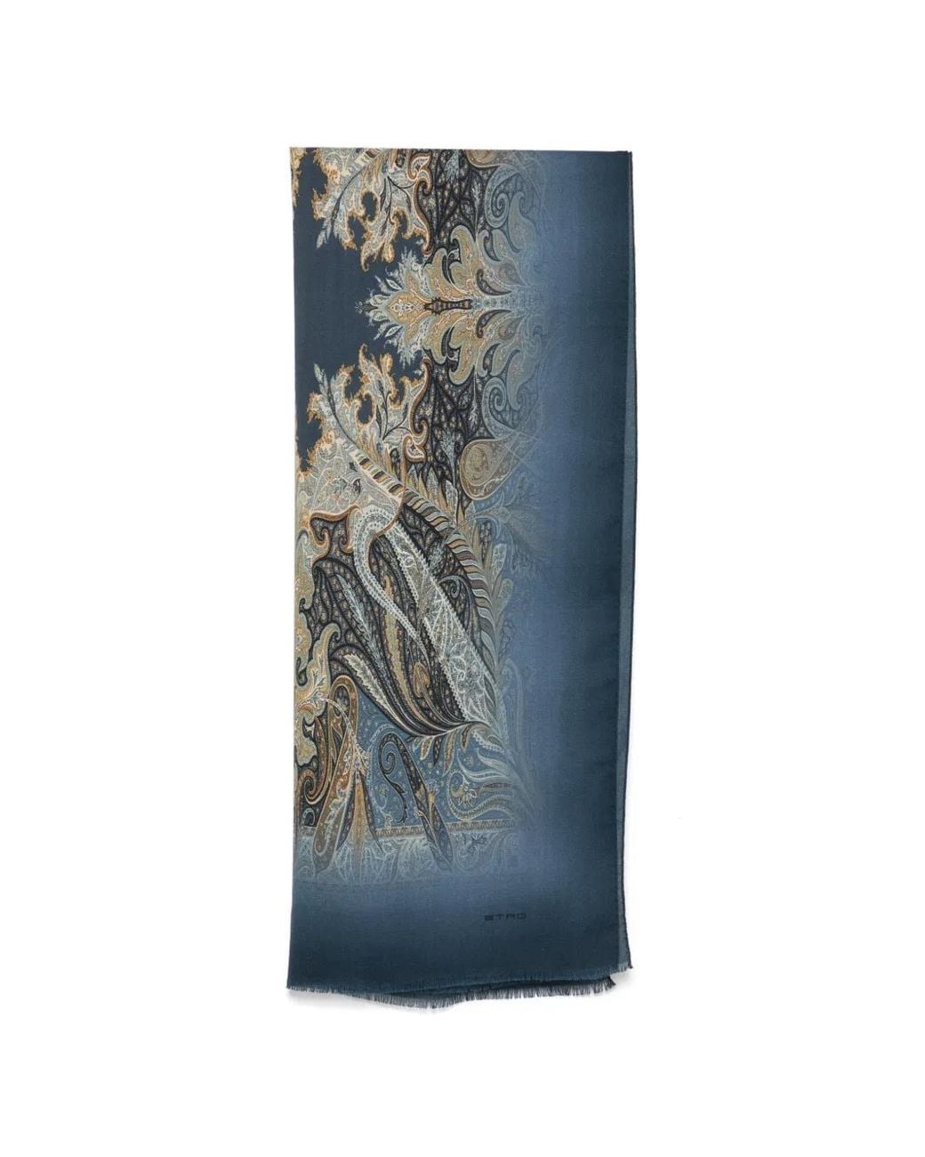 Etro Blue Paisley-Print Frayed-Edge Scarf for men